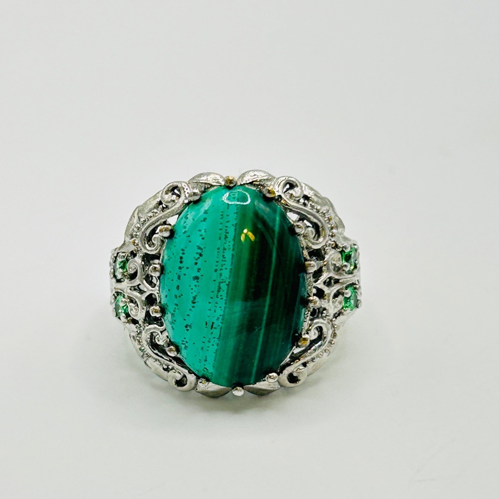 Malachite and Emerald Ring; Size 8; Stainless Steel